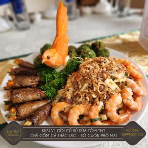 Khai vị: Gỏi củ hủ dừa tôm thịt - Chả cốm cá thác lác -  Bò cuộn phô mai